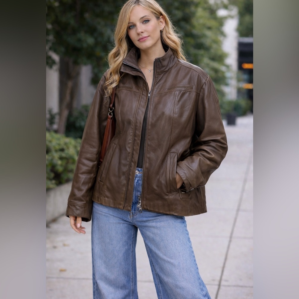 Vintage Heavy Danier Brown Leather Jacket Oversized Y2K Zip Women L Funnel Neck